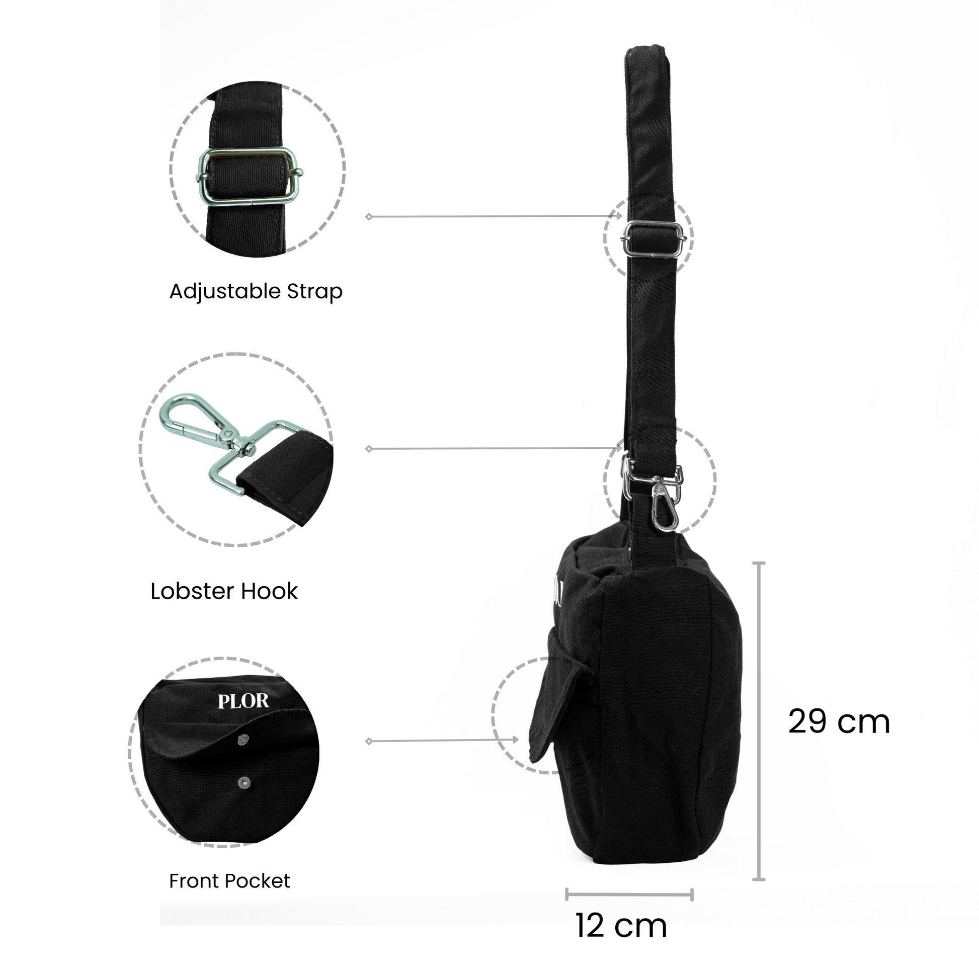 Sling Bag For Women | Crossbody Black Bag (Adjustable Strap) - PLOR